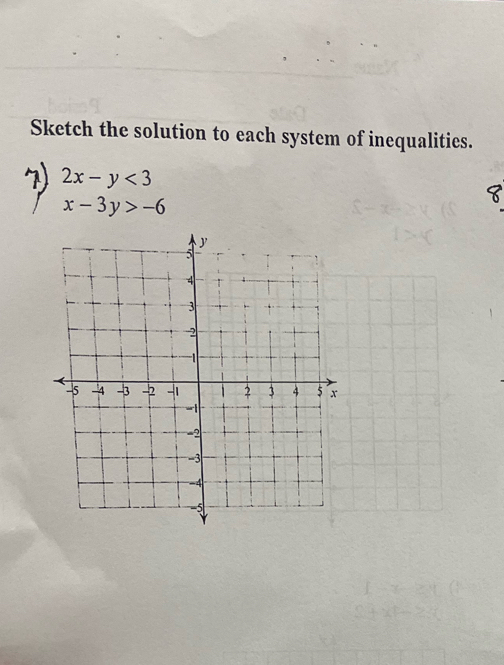 Sketch the solution to each system of inequalities.
2x-y<3</tex>

x-3y>-6