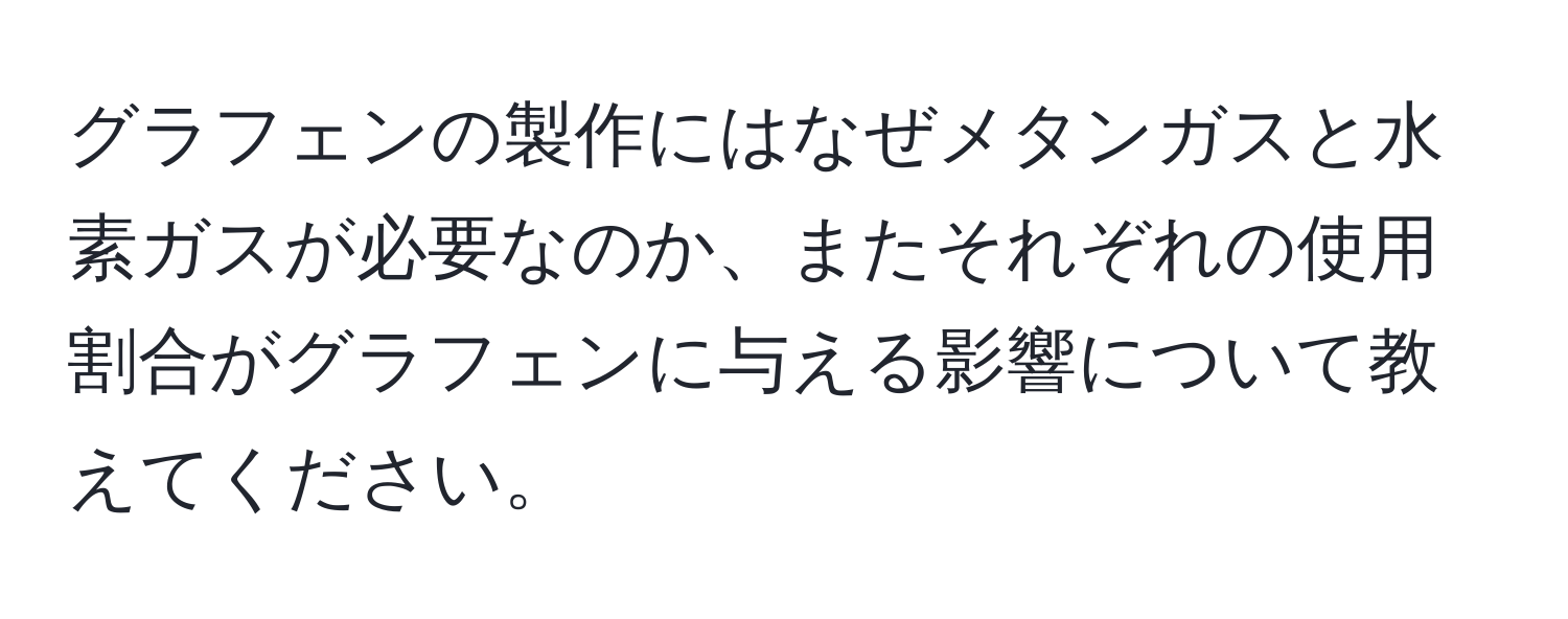 グラフェンの製作にはなぜメタンガスと水素ガスが必要なのか、またそれぞれの使用割合がグラフェンに与える影響について教えてください。