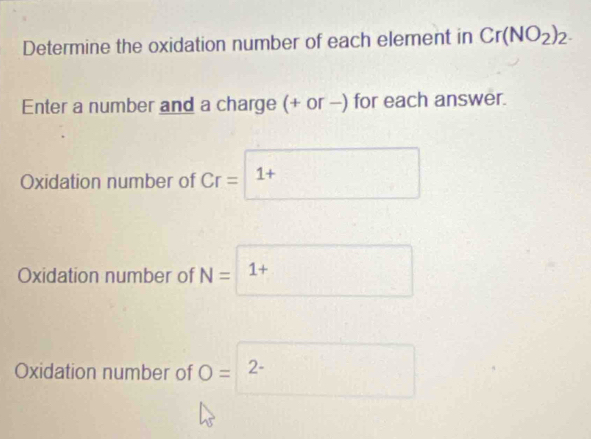 Determine the oxidation number of each element in Cr(NO_2)_2. 
Enter a number and a charge (+ or -) for each answer. 
Oxidation number of Cr= 1+ 
Oxidation number of N= 1+
Oxidation number of O= 2-