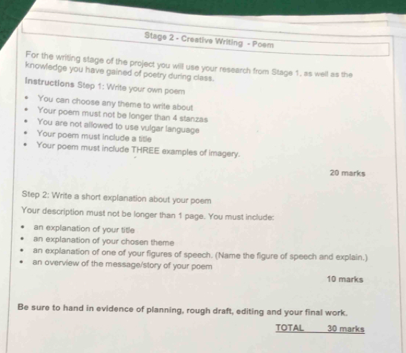 Solved: Stage 2 - Creative Writing - Poem For the writing stage of the ...