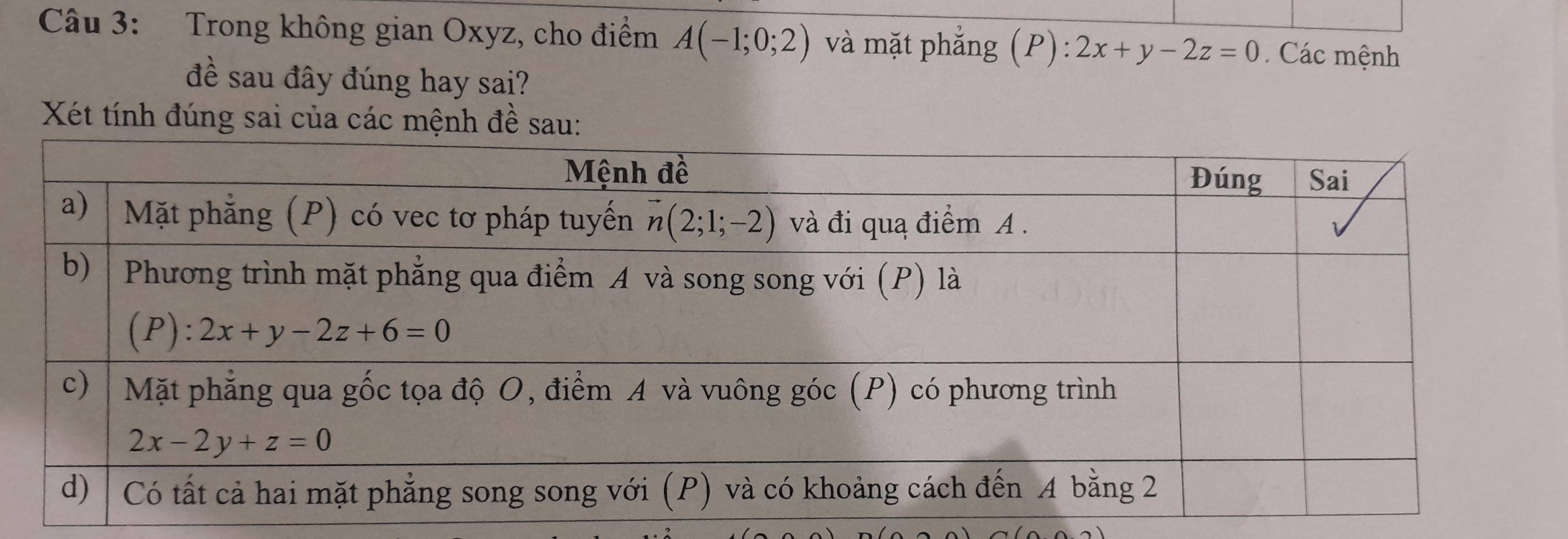 Trong không gian Oxyz, cho điểm A(-1;0;2) và mặt phẳng (P): 2x+y-2z=0 Các mệnh
đề sau đây đúng hay sai?
Xét tính đúng sai của các mệnh đề sau: