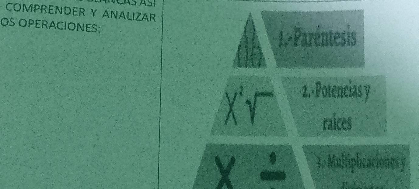 Açãs Así 
COMPRENDER Y ÁNALIZAR 
OS OPERACIONES: 
1.-Paréntesis 
X√ 
2.-Potencias y 
raices 
× - 3.º Multiplicaciones