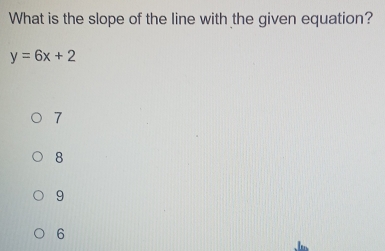 What is the slope of the line with the given equation?
y=6x+2
7
8
9
6