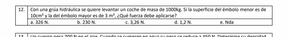 Con una grúa hidráulica se quiere levantar un coche de masa de 1000kg. Si la superficie del émbolo menor es de
10cm^2 y la del émbolo mayor es de 3m^2 , ¿Qué fuerza debe aplicarse?
a. 326 N. b. 230 N. c. 3,26 N. d. 1,2 N. e. Nda
12