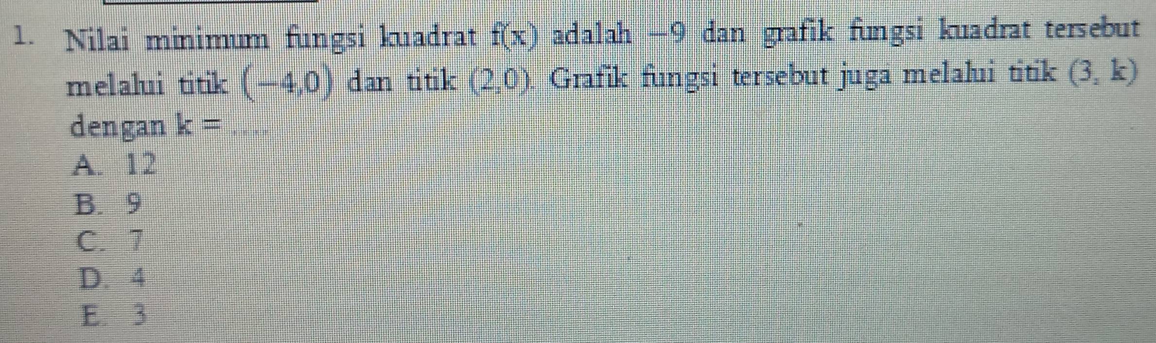 Nilai minimum fungsi kuadrat f(x) adalah −9 dan grafik fungsi kuadrat tersebut
melalui titik (-4,0) dan titik (2,0). Grafik fungsi tersebut juga melalui titik (3,k)
dengan k= _
A. 12
B. 9
C. 7
D. 4
E. 3