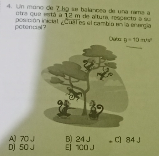 Un mono de 7 kg se balancea de una rama a
otra que está a 1,2 m de altura, respecto a su
posición inicial. ¿Cuál es el cambio en la energía
potencial?
Dato: g=10m/s^2
A) 70 J B) 24 J ` C) 84 J
D) 50 J E) 100 J