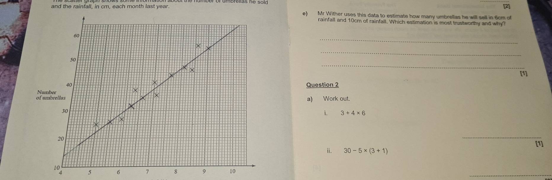 and the rainfall, in cm, each month last year. [2] 
e) Mr Wither uses this data to estimate how many umbrellas he will sell in 6cm of 
rainfall and 10cm of rainfall. Which estimation is most trustworthy and why? 
_ 
_ 
_ 
Question 2 
[1] 
a) Work out. 
i 3+4* 6
_ 
[1] 
i. 30-5* (3+1)
5 6 7 8 9 10
_