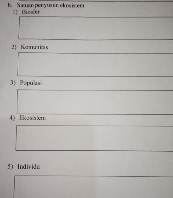 Satuan penyusun ekosistem 
1) Biosfer 
2) Komunitas 
3) Populasi 
4) Ekosistem 
5) Individu