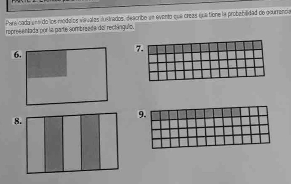 Para cada uno de los módelos visuales «lustrados, describe un evento que creas que tiene la probabilidad de ocurrencia 
representada por la parte sombreada del rectángulo.
7
9