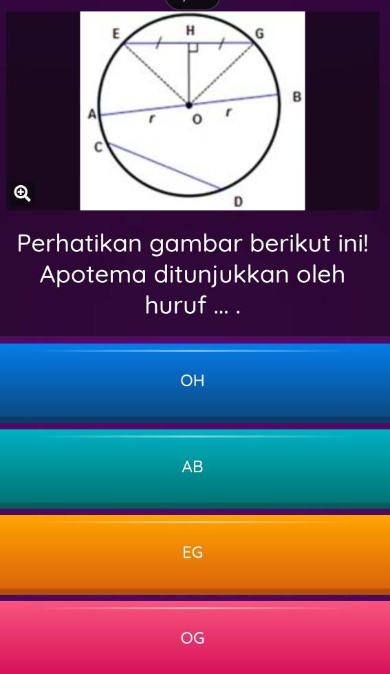 ④
Perhatikan gambar berikut ini!
Apotema ditunjukkan oleh
huruf ... .
OH
AB
EG