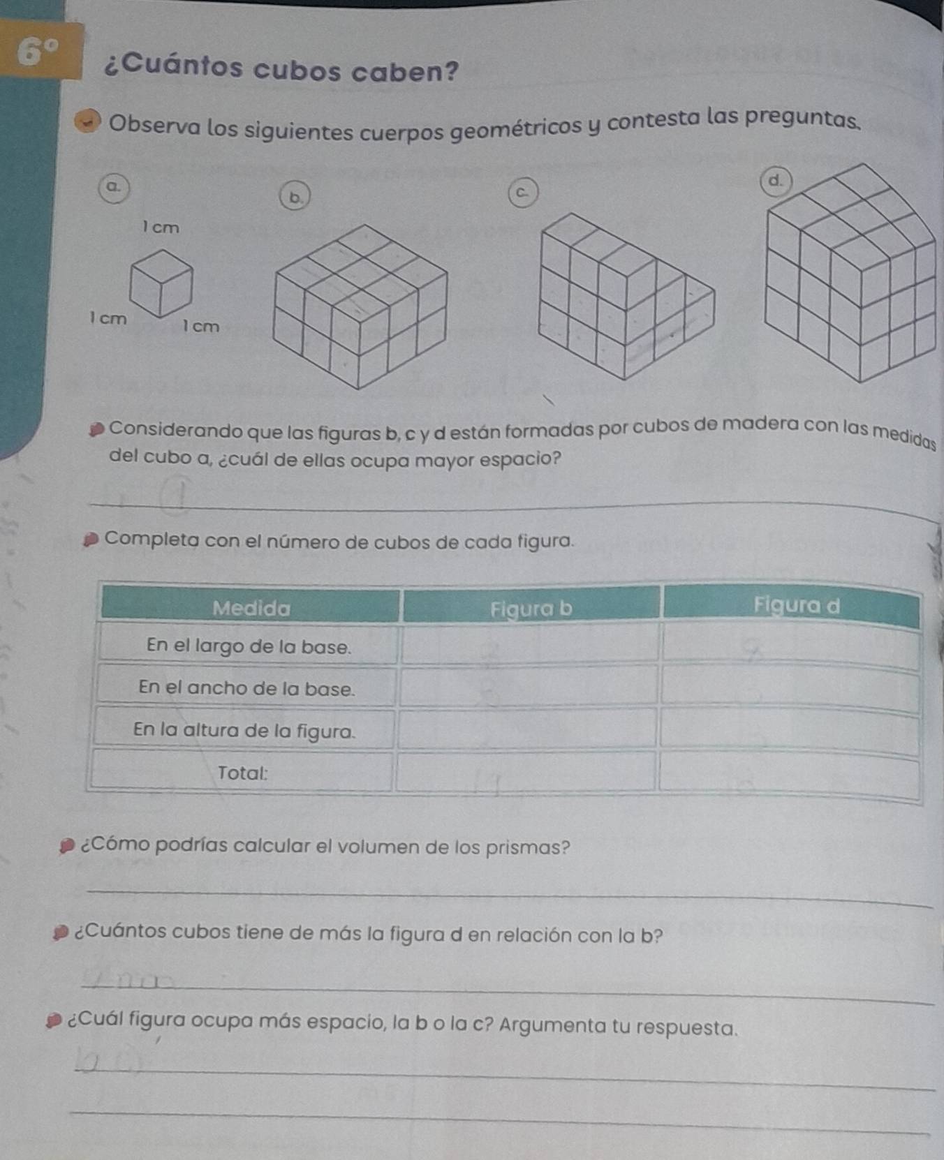 ¿Cuántos cubos caben? 
Observa los siguientes cuerpos geométricos y contesta las preguntas. 
a. 
b 
C
1 cm
1 cm 1 cm
Considerando que las figuras b, c y d están formadas por cubos de madera con las medidas 
del cubo a, ¿cuál de ellas ocupa mayor espacio? 
_ 
Completa con el número de cubos de cada figura. 
¿Cómo podrías calcular el volumen de los prismas? 
_ 
¿Cuántos cubos tiene de más la figura d en relación con la b? 
_ 
¿Cuál figura ocupa más espacio, la b o la c? Argumenta tu respuesta. 
_ 
_