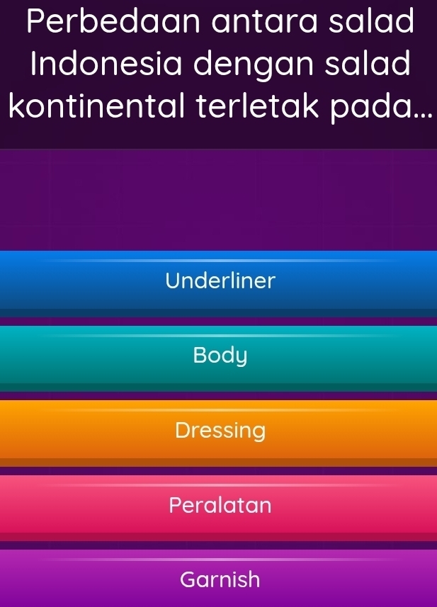 Perbedaan antara salad
Indonesia dengan salad
kontinental terletak pada...
Underliner
Body
Dressing
Peralatan
Garnish