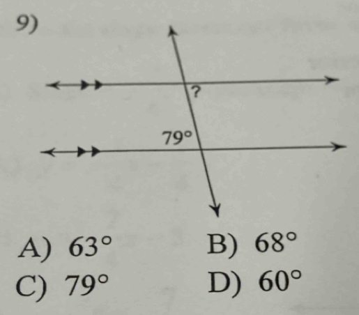 A) 63° B) 68°
C) 79° D) 60°