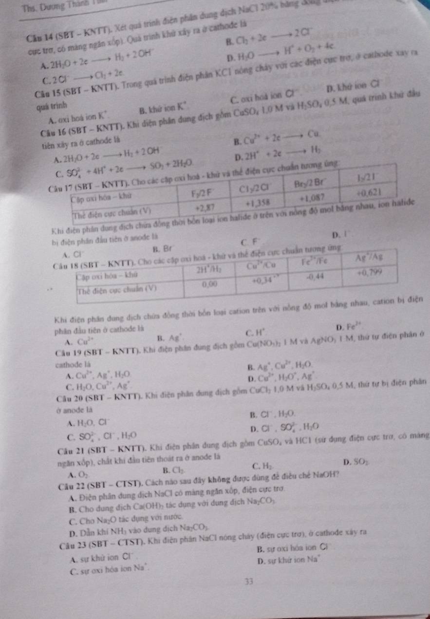 Ths. Dương Thành T 1
Cầu 14 (SBT - KNTT). Xét quả trình điện phần dung dịch NaC1 20% bằng độg I
B. Cl_2+2cto 2Cl^-
cực trờ, có màng ngân xốp). Quả trình khử xây ra ở cathođe là
A. 2H_2O+2e to H_2+2OH^-
D. H_2Oto H^++O_2+4e
Câu 15 (SBT - KNTT). Trong quá trình điện phân KCI nông chây với các điện cực trờ, ở cathode xay ra
C. 2Cl^-to Cl_2+2e
quá trình K° CaSO_41.0N 4 và H_2SO_40.5M 1, quá trình khử đầu
A. oxi hoá ior K' B. khứ ion C. oxi hoà ion a^n D. khứ ion Cl
Câu 16 (SBT - KNTT), Khi diện phần dung địch gồm
tiên xây ra ở cathode là
B. Cu^(2+)+2eto Cu
to H_2+2OH
A. 2H_2O+2e
D. 2H^++2eto H_2
Khi điện phân dung dịch chứa
bị điện phần đầu tiên ở anode là
D. 1°.
C. F
Khi điện phân dung dịch chứa đồng thời bốn loại cation trên với nồ
phân đầu tiên ở cathode là
C. H°.
D. Fe^(2+)
A. Cu^(2+)
B. Ag^+.
Câu 19 (SBT - KNTT), Khi điện phân đụng địch gồm Cu( NO_3)_2 1 M và AgNO_31M thứ tự điện phân ở
cathode lá
A. Cu^(2+),Ag^+,H_2O B. Ag^+,Cu^(2+),H_2O.
C. H_2O,Cu^(2+),Ag^+. D. Cu^(2+),H_2O^+,Ag^+
Câu 20 (SBT - KNTT). Khi điện phân dung địch gồm CuCl_21.0M vā H_3SO_40.5M , thứ tự bị điện phân
ở anode là
B. Cl^-,H_2O.
A. H_2O,Cl^-
D. Cl^-,SO_4^((2-),H_2)O
C. SO_4^((2-),Cl^-),H_2O
Câu 21 (SBT - KNTT). Khi điện phần dung dịch gồm CuSO_4 và HC1 (sử dụng điện cực trợ, có màng
ngăn xốp), chất khi đầu tiên thoát ra ở anode là
D. SO_2
A. O_2
B. Cl_2
C. H_2.
Câu 22 (SBT - CISI T). Cách nào sau đây không được dùng để điều chế NaOH?
A. Điện phân dung dịch NaCl có màng ngăn xốp, điện cực trợ
B. Cho dung dịch Ca( OH) tác dụng với dung địch Na_2CO_3
C. Cho Na₂O tác dụng với nước.
D. Dẫn khí NH_3 vào dung dịch Na_2CO_3
Câu 23 (SBT - CTST), Khi điện phân NaCl nóng chây (điện cực trơ), ở cathode xây ra
A. sự khử ion CI B, sự oxi hóa ion CI
C. sự oxi hòa ion Na D. sự khứ ion Na^+
33