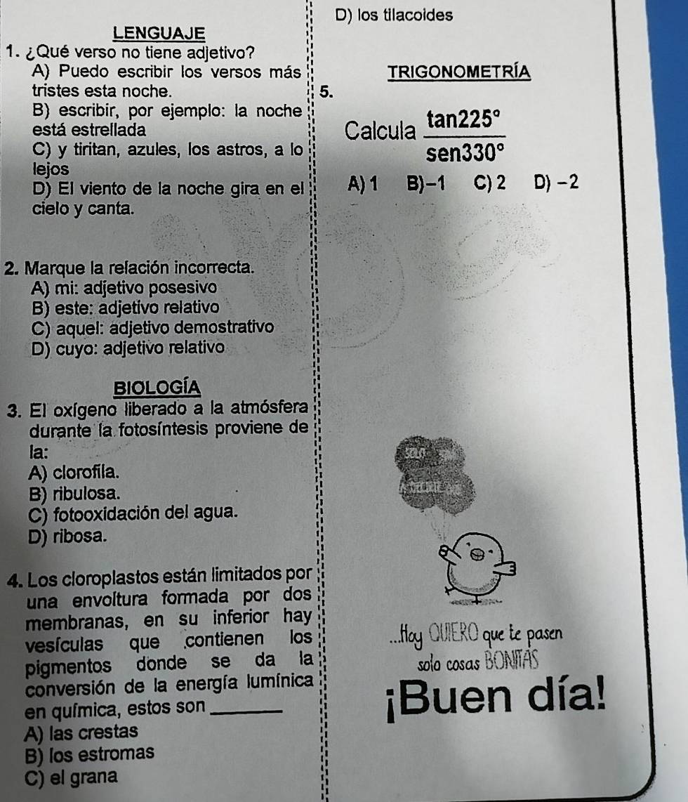 D) los tilacoides
LENGUAJE
1. ¿Qué verso no tiene adjetivo?
A) Puedo escribir los versos más TRIGONOMETRÍA
tristes esta noche. 5.
B) escribir, por ejemplo: la noche
está estrellada Calcula  tan 225°/sen 330° 
C) y tiritan, azules, los astros, a lo
lejos
D) El viento de la noche gira en el A) 1 B) -1 C) 2 D) -2
cielo y canta.
2. Marque la relación incorrecta.
A) mi: adjetivo posesivo
B) este: adjetivo relativo
C) aquel: adjetivo demostrativo
D) cuyo: adjetivo relativo
BIOLOGÍA
3. El oxígeno liberado a la atmósfera
durante la fotosíntesis proviene de
la:
A) clorofila.
B) ribulosa.
C) fotooxidación del agua.
D) ribosa.
4. Los cloroplastos están limitados por
una envoltura formada por dos
membranas, en su inferior hay
vesículas que contienen los .Hoy QUIERO que te pasen
pigmentos donde se da la solo cosas BONITAS
conversión de la energía lumínica
en química, estos son _¡Buen día!
A) las crestas
B) los estromas
C) el grana