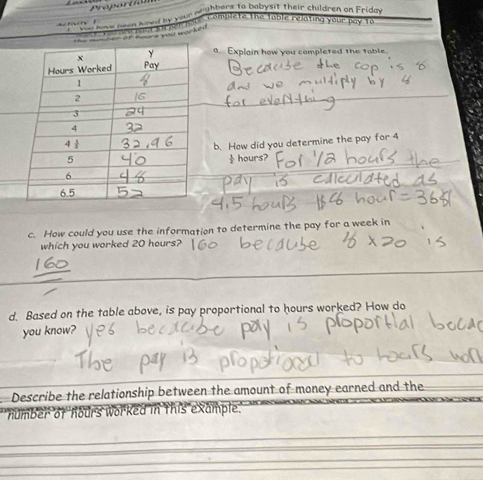 Proportión 
ou have been hred by your meighbors to babysit their children on Friday 
hoark you worked or nsor Complete the fable relating your pay to 
a. Explain how you completed the table. 
b. How did you determine the pay for 4
§ hours? 
c. How could you use the information to determine the pay for a week in 
which you worked 20 hours? 
d. Based on the table above, is pay proportional to hours worked? How do 
you know? 
Describe the relationship between the amount of money earned and the 
number of hours W in this example. 
_ 
_ 
_ 
_ 
__