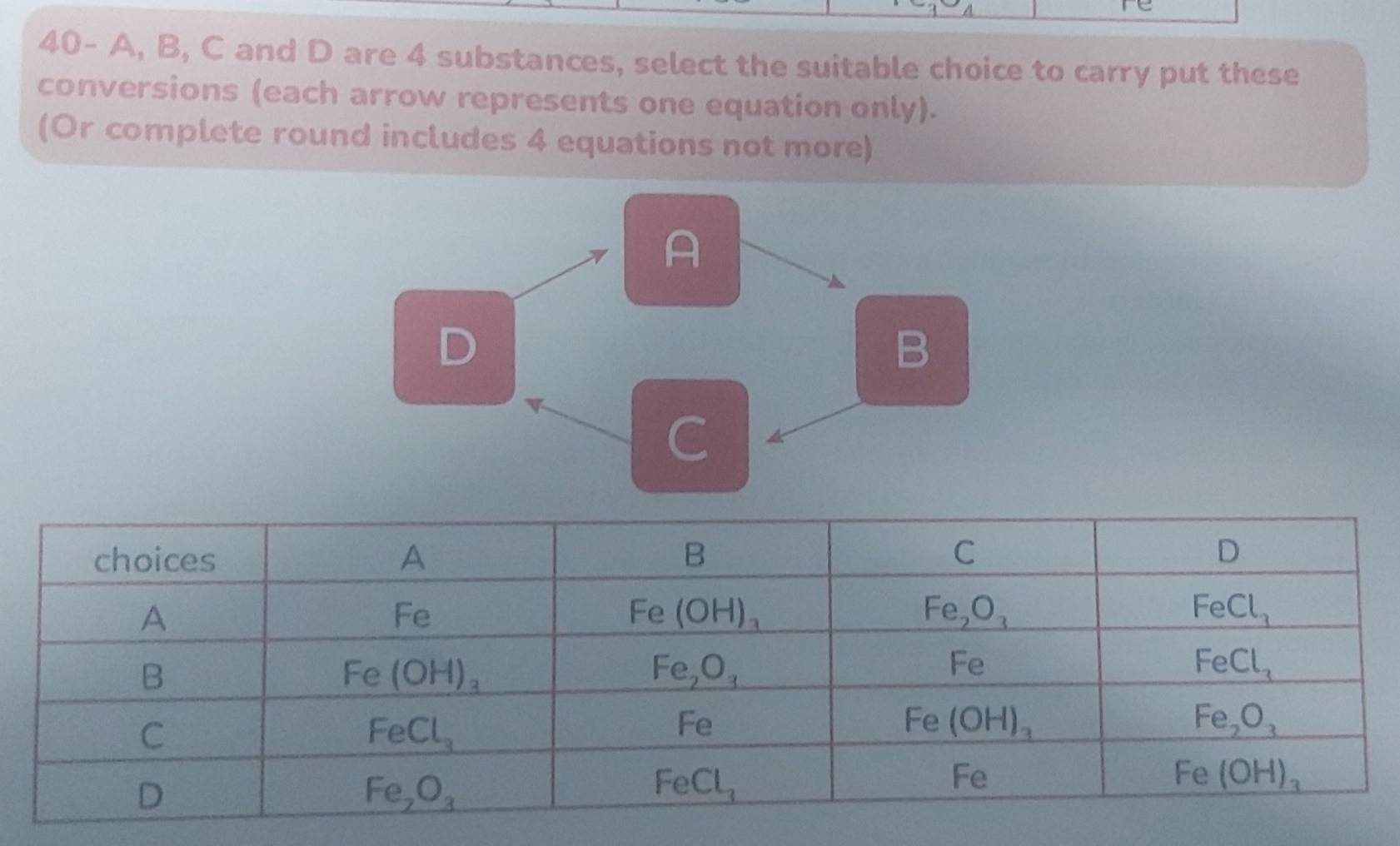 40- A, B, C and D are 4 substances, select the suitable choice to carry put these
conversions (each arrow represents one equation only).
(Or complete round includes 4 equations not more)
A
D
B
C