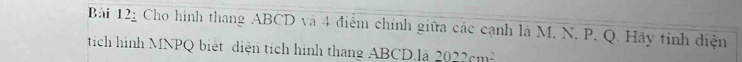 Cho hình thang ABCD và 4 điểm chính giữa các cạnh là M. N. P. Q. Hãy tỉnh diện 
tích hình MNPQ biết diện tích hình thang ABCD.là 2022cm^2