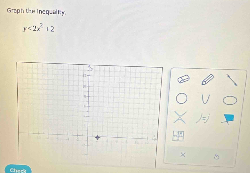 Graph the inequality.
y<2x^2+2
× 
Check