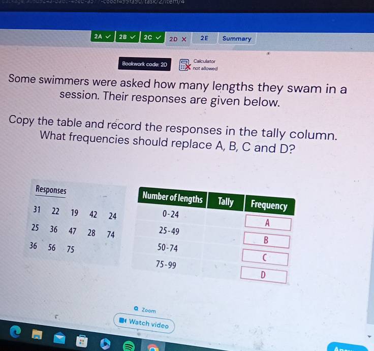 Caoora35rasu task 2/tem/4 
2A 2B 2C 2DX 2E Summary 
Calculator 
Bookwork code: 2D not allowed 
Some swimmers were asked how many lengths they swam in a 
session. Their responses are given below. 
Copy the table and record the responses in the tally column. 
What frequencies should replace A, B, C and D? 
Q Zoom 
r 
Watch video