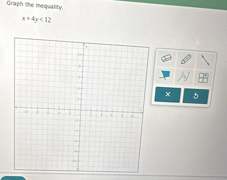 Graph the inequality.
x+4y<12</tex>
 7x/1 
×