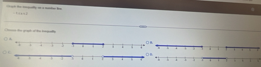 Graph the inequality on a number line.
-1≤ x≤ 2
Chamse the graph of the inequality