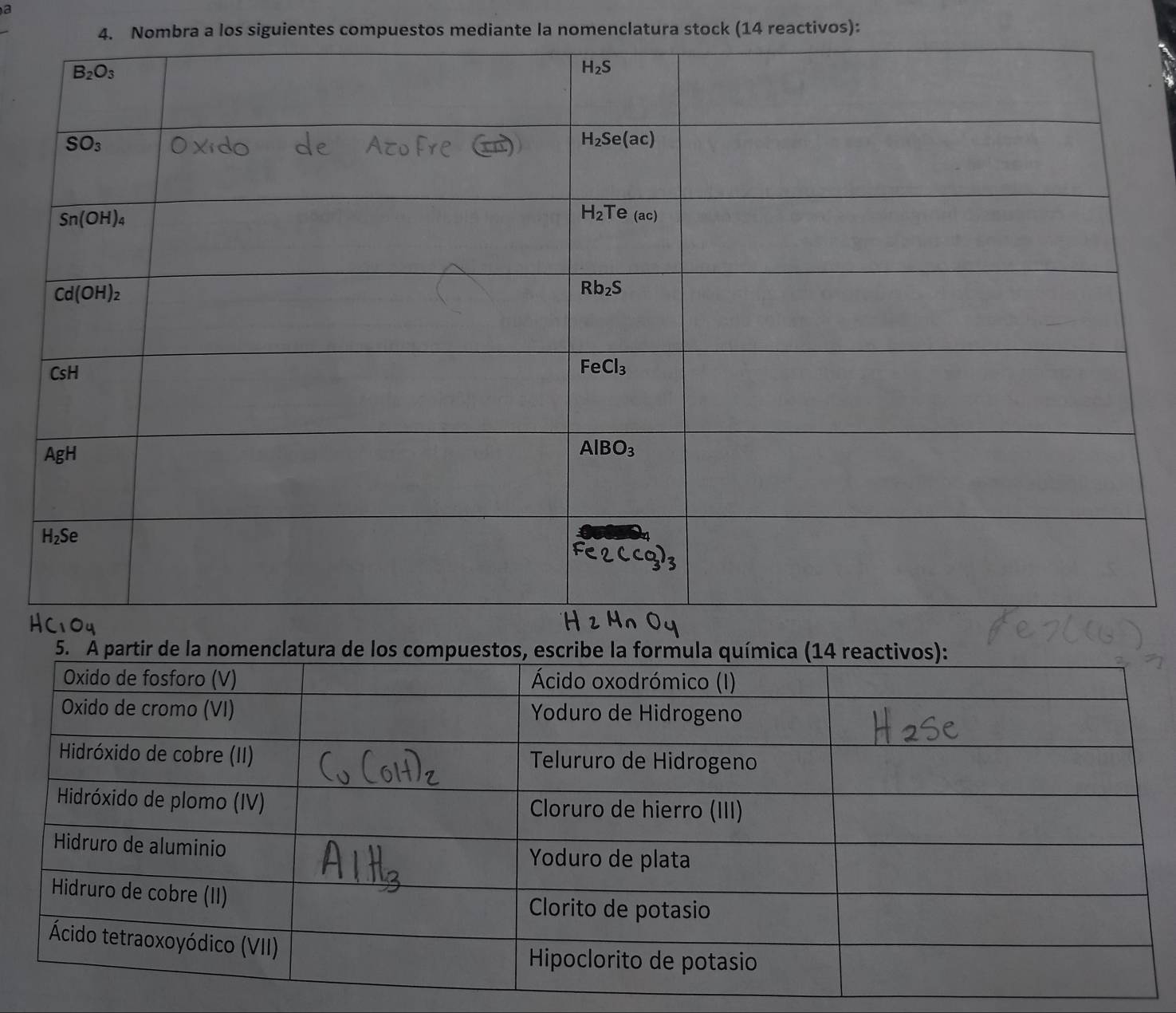 a
4. Nombra a los siguientes compuestos mediante la nomenclatura stock (14 reactivos):
5. A partir de la nomenclatura