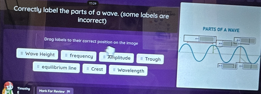 17/29
Correctly label the parts of a wave. (some labels are
incorrect)
PARTS OF A WAVE
Drag labels to their correct position on the image
# Wave Height ; frequency # Amplitude # Trough
# equilibrium line ≡ Crest # Wavelength
Timothy
E Mark For Review