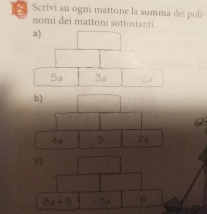 Scrivi su ogni mattone la somma dei poli- 
nomi dei mattoni sottostanti. 
a)
3a
5a -2a
b)
4a
3
2a
c)
8a+5 frac 1+2 6
w^2