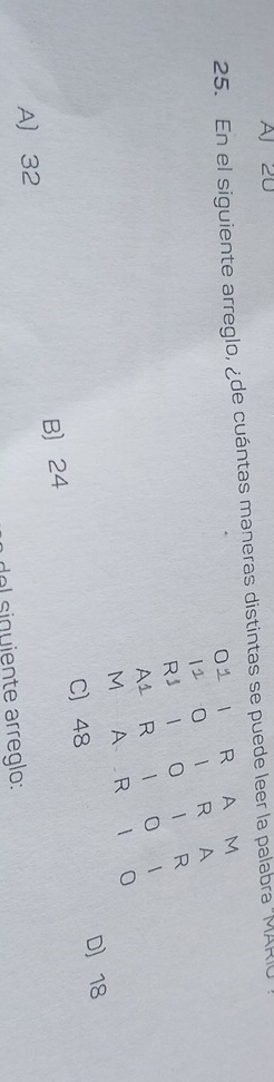 AJ 20
25. En el siguiente arreglo, ¿de cuántas maneras distintas se puede leer la palabra "MARIU.
01 1 R A M
11 0 1 R A
RJ
 R
A1 R  0 |
M A R 0
C) 48 D) 18
A 32 B 24
del siquiente arreglo: