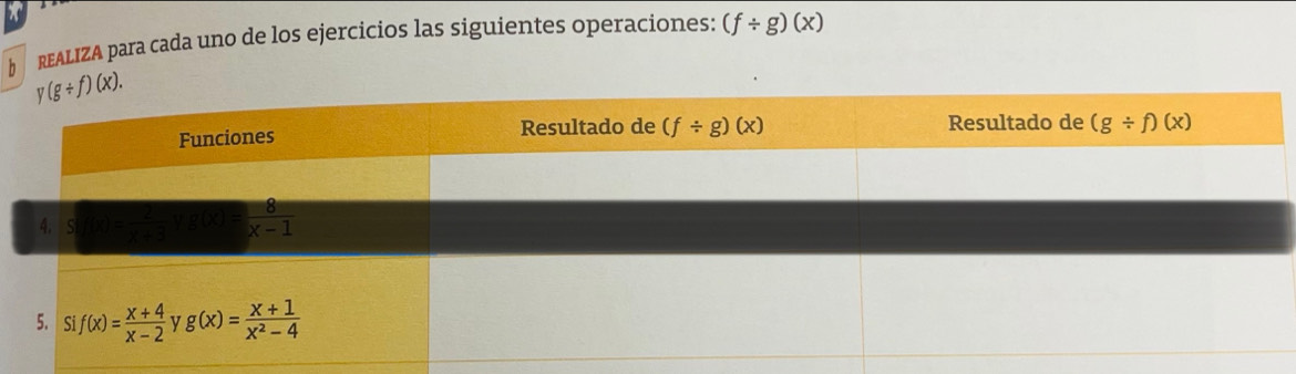 REALIZA para cada uno de los ejercicios las siguientes operaciones: (f/ g)(x)