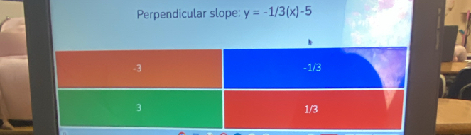 Perpendicular slope: y=-1/3(x)-5