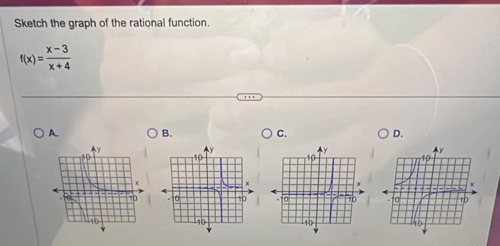 Sketch the graph of the rational function.
f(x)= (x-3)/x+4 
A. 
B. 
C. 
D.