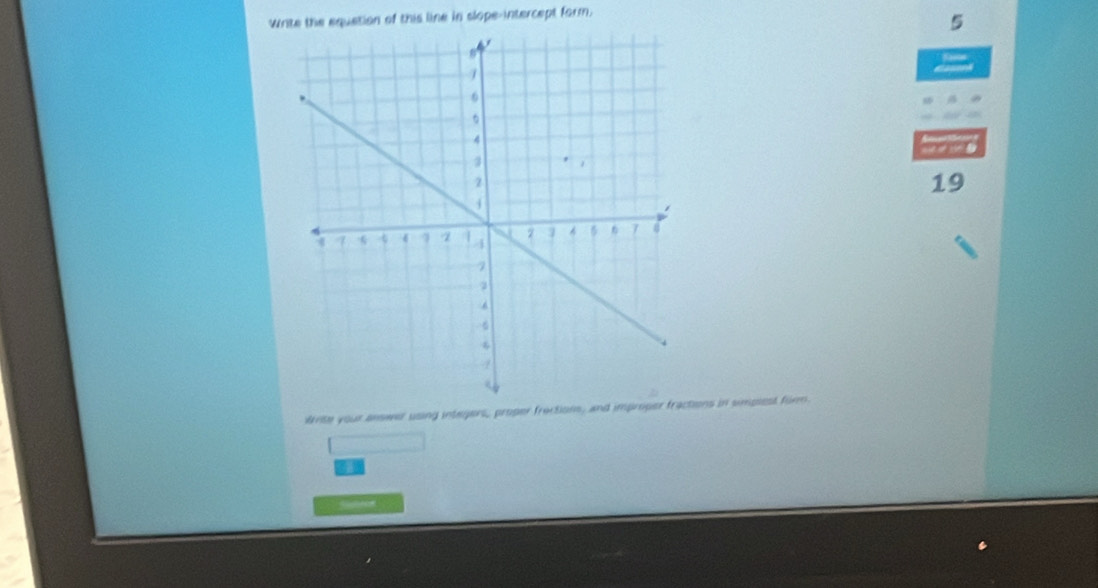 Write the equation of this line in slope-intercept form. 
5 
19 
Write your answer using integers, proper froctions, and impriper fractions in simpsest firm 
a