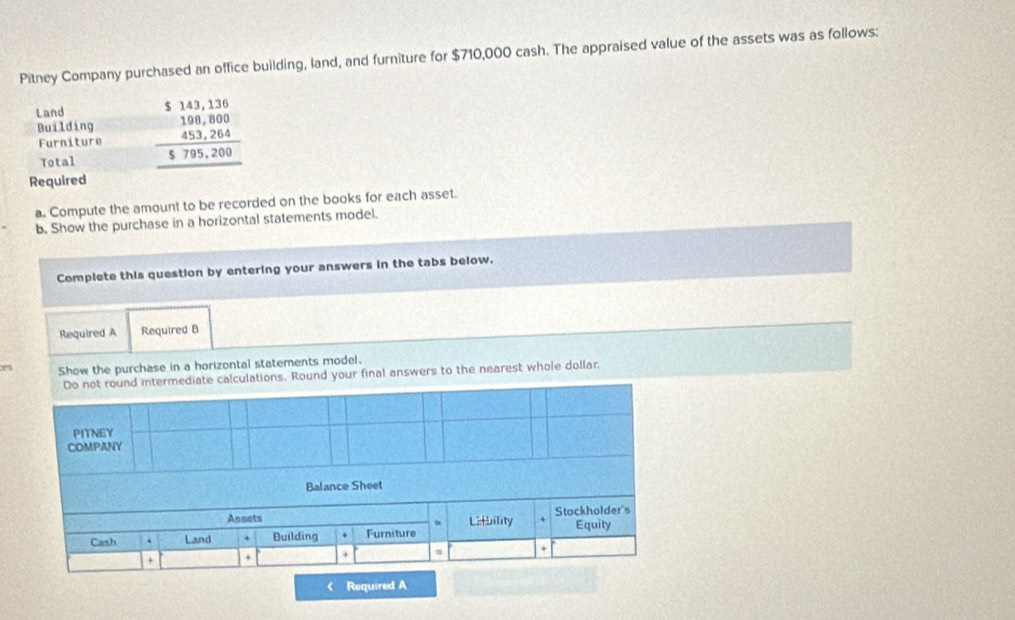 Pitney Company purchased an office building, land, and furniture for $710,000 cash. The appraised value of the assets was as follows: 
Land 
Building beginarrayr $&143,136 199,800 453,264 hline 5795,200 hline endarray
Furniture 
Total 
Required 
a. Compute the amount to be recorded on the books for each asset. 
b. Show the purchase in a horizontal statements model. 
Complete this question by entering your answers in the tabs below, 
Required A Required B 
Show the purchase in a horizontal statements model. 
calculations. Round your final answers to the nearest whole dollar 
< Required A