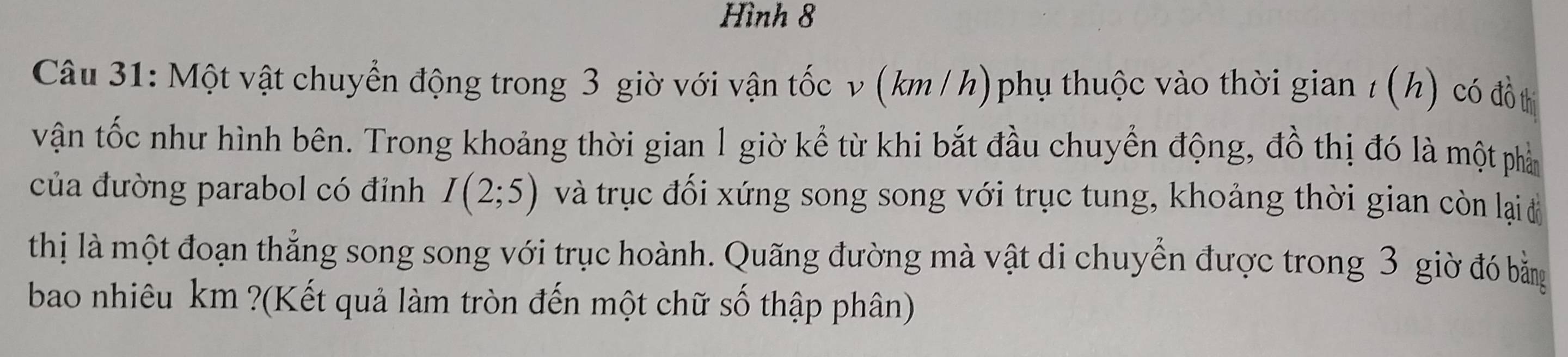 Hình 8 
Câu 31: Một vật chuyển động trong 3 giờ với vận tốc v (km / h) phụ thuộc vào thời gian /(h) có đồt 
vận tốc như hình bên. Trong khoảng thời gian 1 giờ kể từ khi bắt đầu chuyển động, đồ thị đó là một phả 
của đường parabol có đỉnh I(2;5) và trục đối xứng song song với trục tung, khoảng thời gian còn lại đ 
thị là một đoạn thắng song song với trục hoành. Quãng đường mà vật di chuyển được trong 3 giờ đó bằng 
bao nhiêu km ?(Kết quả làm tròn đến một chữ số thập phân)