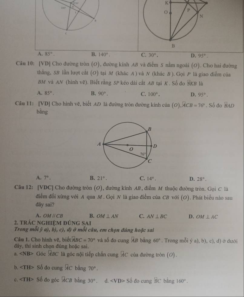 4
K
A. 85°. B. 140°. C. 30°. D. 95°.
Câu 10: [VD] Cho đường tròn (O), đường kính AB và điểm S nằm ngoài (O). Cho hai đường
thẳằng, SB lần lượt cắt (O) tại M (khác A ) và N (khác B ). Gọi P là giao điểm của
BM và AN (hình vẽ). Biết rằng SP kéo dài cắt AB tại K . Số đo #KB là
A. 85°. B. 90°. C. 100°. D. 95°.
Câu 11: [VD] Cho hình vẽ, biết AD là đường tròn đường kính của (C ),widehat ACB=76°. Số đo overline BAD
bàng
A. 7°. B. 21°. C. 14°. D. 28°.
Câu 12: [VDC] Cho đường tròn (O), đường kính AB, điểm M thuộc đường tròn. Gọi C là
điểm đối xừng với A qua M . Gọi N là giao điểm của CB với (O). Phát biểu nào sau
dây sai?
A. OMparallel CB B. OM⊥ AN C. AN⊥ BC D. OM⊥ AC
2. tRÁC NGHIỆM ĐÚNG SAI
Trong mỗi ý a), b), c), d) ở mỗi câu, em chọn đúng hoặc sai
Câu 1. Cho hình vẽ, biết ABC=70° và số đo cung overline AB bầng 60°. Trong mỗi ý a), b), c), d) ở dưới
đây, thí sinh chọn đúng hoặc sai.
a. ∠ NB> Góc ABC là góc nội tiếp chắn cung AC của đường tròn (0).
b. ∠ TH> Số đo cung C bằng 70°.
c. Số đo góc ACB bằng 30°. d. ∠ VD>Shat o do cung BC bằng 160°.