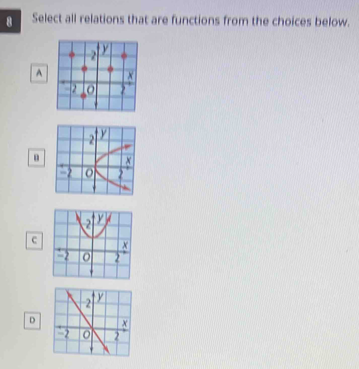 Select all relations that are functions from the choices below. A B c D ...