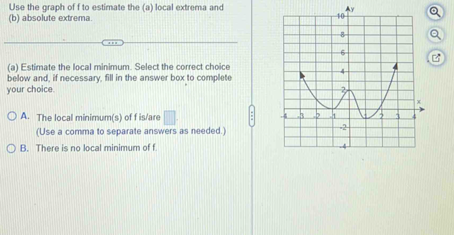 Use the graph of f to estimate the (a) local extrema and
(b) absolute extrema.
(a) Estimate the local minimum. Select the correct choice
below and, if necessary, fill in the answer box to complete
your choice.
A. The local minimum(s) of f is/are □. 
(Use a comma to separate answers as needed.)
B. There is no local minimum of f.