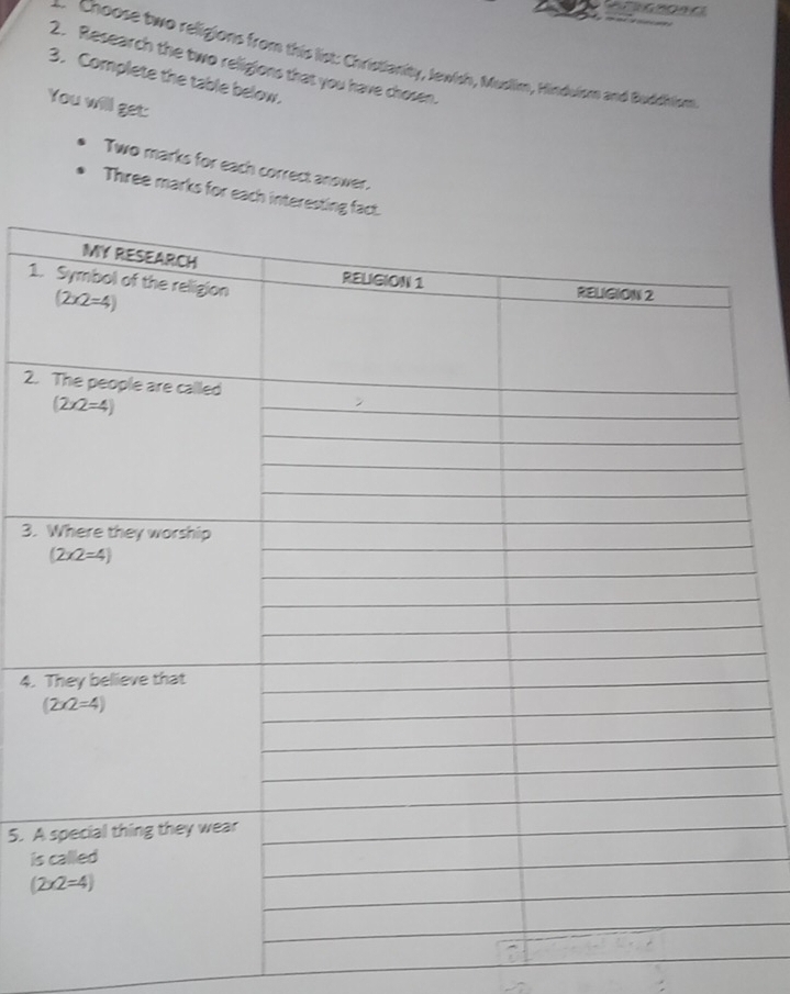 Choose two religions from this list: Christianity, Jewish, Mudim, Hindulsm and Buddhism
2. Research the two religions that you have chosen.
3. Complete the table below.
You will get:
Two marks for each correct answer.
Three marks for each inte
1
2.
3.
4.
5. A
is