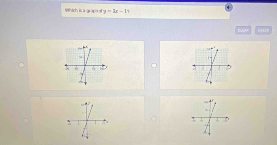 Which is a graph of y=3x-1 ? 
CLEAR CHECH