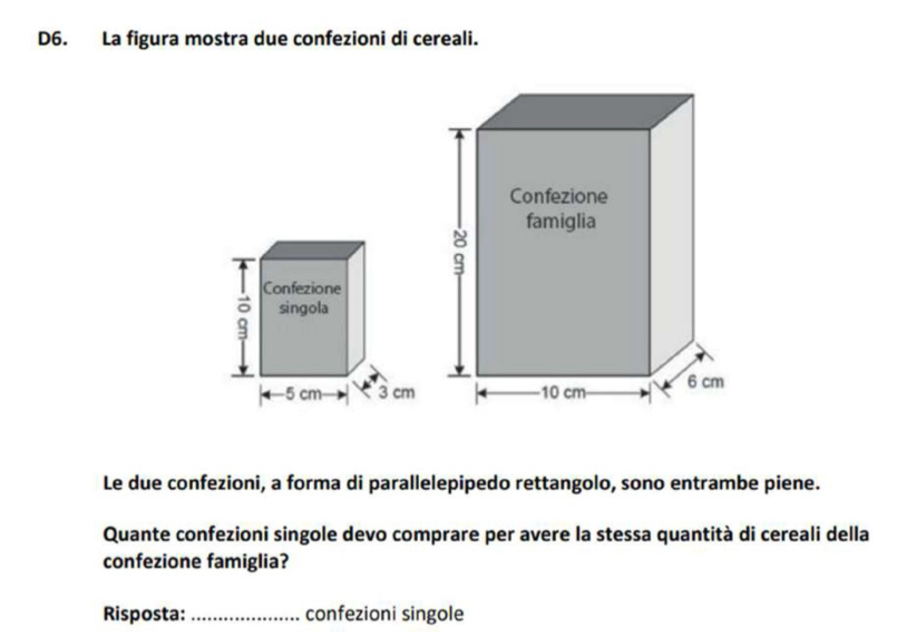 D6. La figura mostra due confezioni di cereali. 
Le due confezioni, a forma di parallelepipedo rettangolo, sono entrambe piene. 
Quante confezioni singole devo comprare per avere la stessa quantità di cereali della 
confezione famiglia? 
Risposta: _confezioni singole