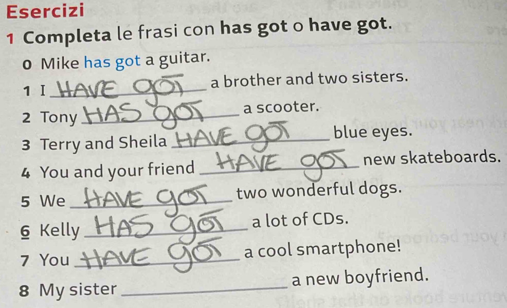 Esercizi 
1 Completa le frasi con has got o have got. 
o Mike has got a guitar. 
1 I _a brother and two sisters. 
a scooter. 
2 Tony 
_ 
3 Terry and Sheila_ 
blue eyes. 
new skateboards. 
4 You and your friend_ 
5 We _two wonderful dogs. 
6 Kelly _a lot of CDs. 
7 You _a cool smartphone! 
8 My sister _a new boyfriend.