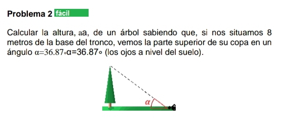 Problema 2 fácil 
Calcular la altura, aa, de un árbol sabiendo que, si nos situamos 8
metros de la base del tronco, vemos la parte superior de su copa en un 
ángulo alpha =36.87circ alpha =36.87 (los ojos a nivel del suelo).