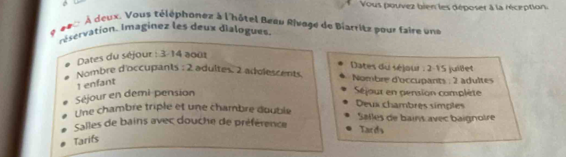 Vous pouvez bien les déposer à la réception. 
# «0u À deux. Vous téléphonez à l'hôtel Beau Rivage de Biarritz pour faire une 
réservation. Imaginez les deux dialogues. 
Dates du séjour : 3-14 aout 
Dates du séjour : 2-15 juillet 
Nombre d'occupants : 2 adultes, 2 adolescents. Nombre d'occupants : 2 adultes 
1 enfant 
Séjour en demi pension 
Séjoux en pension complète 
Deux chambres simples 
Une chambre triple et une chambre doublé 
Salles de bains avec baignoire 
Salles de bains avec douche de préférence Tards 
Tarifs