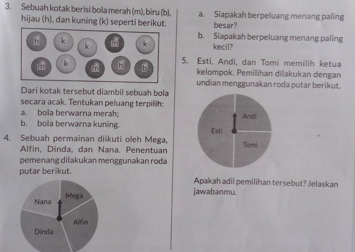 Sebuah kotak berisi bola merah (m), biru (b), a. Siapakah berpeluang menang paling 
hijau (h), dan kuning (k) seperti berikut. besar? 
b. Siapakah berpeluang menang paling 
kecil? 
5. Esti, Andi, dan Tomi memilih ketua 
kelompok. Pemilihan dilakukan dengan 
undian menggunakan roda putar berikut. 
Dari kotak tersebut diambil sebuah bola 
secara acak. Tentukan peluang terpilih: 
a. bola berwarna merah; 
Andi 
b. bola berwarna kuning. 
Esti 
4. Sebuah permainan diikuti oleh Mega, 
Tomi 
Alfin, Dinda, dan Nana. Penentuan 
pemenang dilakukan menggunakan roda 
putar berikut. 
Apakah adil pemilihan tersebut? Jelaskan 
jawabanmu.