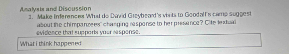 Analysis and Discussion 
1. Make Inferences What do David Greybeard's visits to Goodall's camp suggest 
about the chimpanzees' changing response to her presence? Cite textual 
evidence that supports your response. 
What i think happened