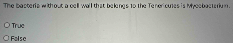 The bacteria without a cell wall that belongs to the Tenericutes is Mycobacterium.
True
False