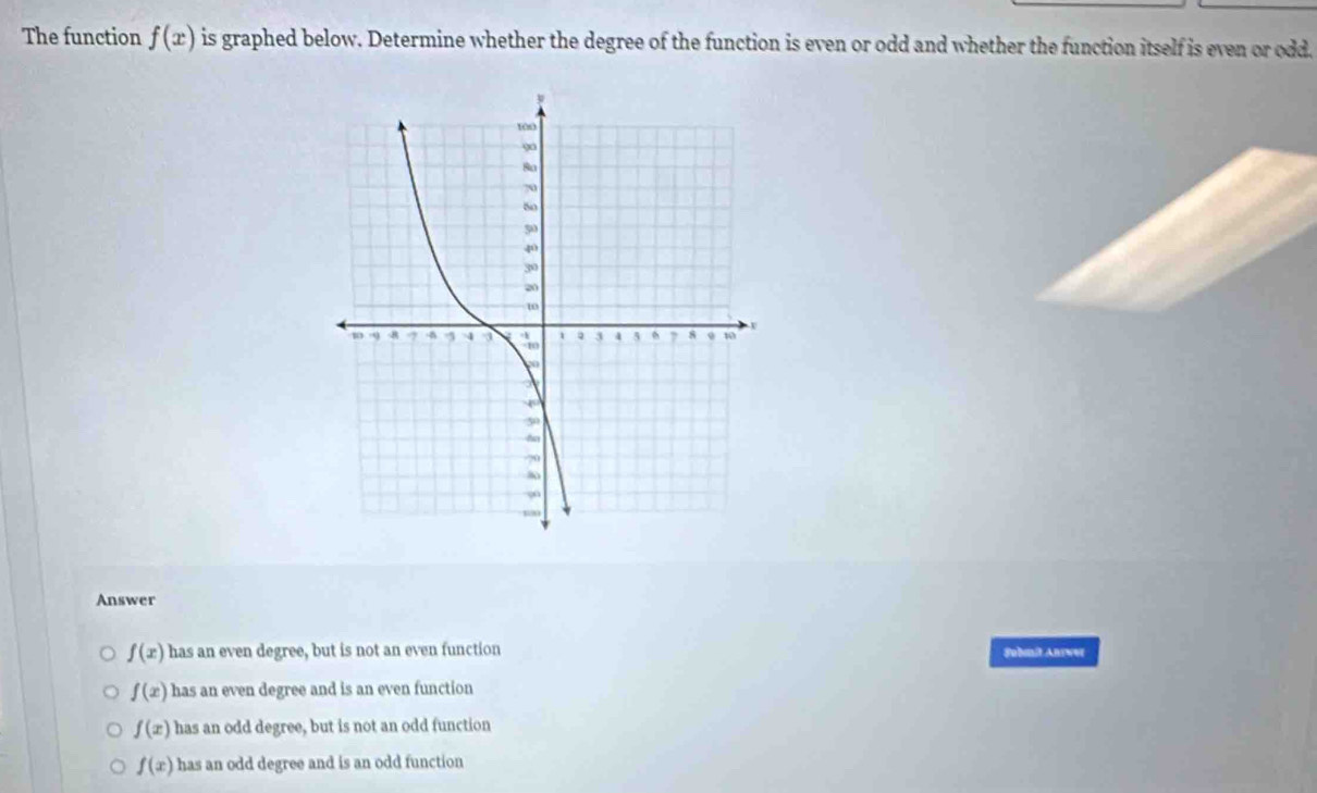 The function f(x) is graphed below. Determine whether the degree of the function is even or odd and whether the function itself is even or odd.
Answer
f(x) has an even degree, but is not an even function Fubmit Anrwer
f(x) has an even degree and is an even function
f(x) has an odd degree, but is not an odd function
f(x) has an odd degree and is an odd function