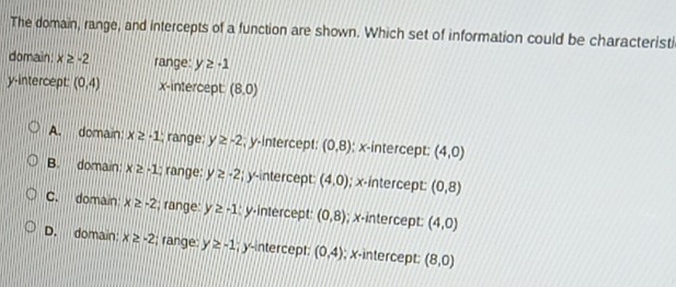 The domain, range, and intercepts of a function are shown. Which set of information could be characterist
domain: x≥ -2 range: y≥ -1
y-intercept: (0,4) x-intercept: (8,0)
A. domain: x≥ -1 :; range y≥ -2 , y-intercept: (0,8); x-intercept: (4,0)
B. domain: x≥ -1; range: y≥ -2; y-intercept: (4,0); x-intercept: (0,8)
C. domain x≥ -2 , range y≥ -1 y-intercept: (0,8); x-intercept: (4,0)
D. domain: x≥ -2; range: y≥ -1; y-intercept: (0,4); x-intercept: (8,0)